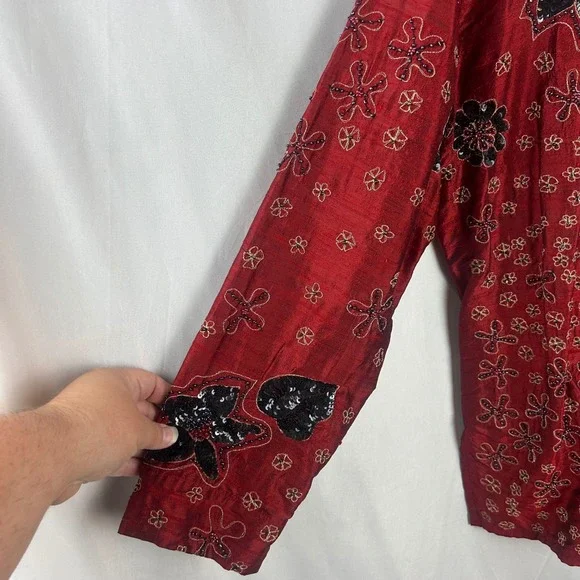 Chico's Silk Beaded Sequin Floral Blouse Shirt Red Size 3 XL Anniversary Collec - Picture 7 of 9